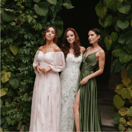 Stylish floral & green bridesmaid dresses are suitable for spring or garden weddings | AW.Bridal Canada