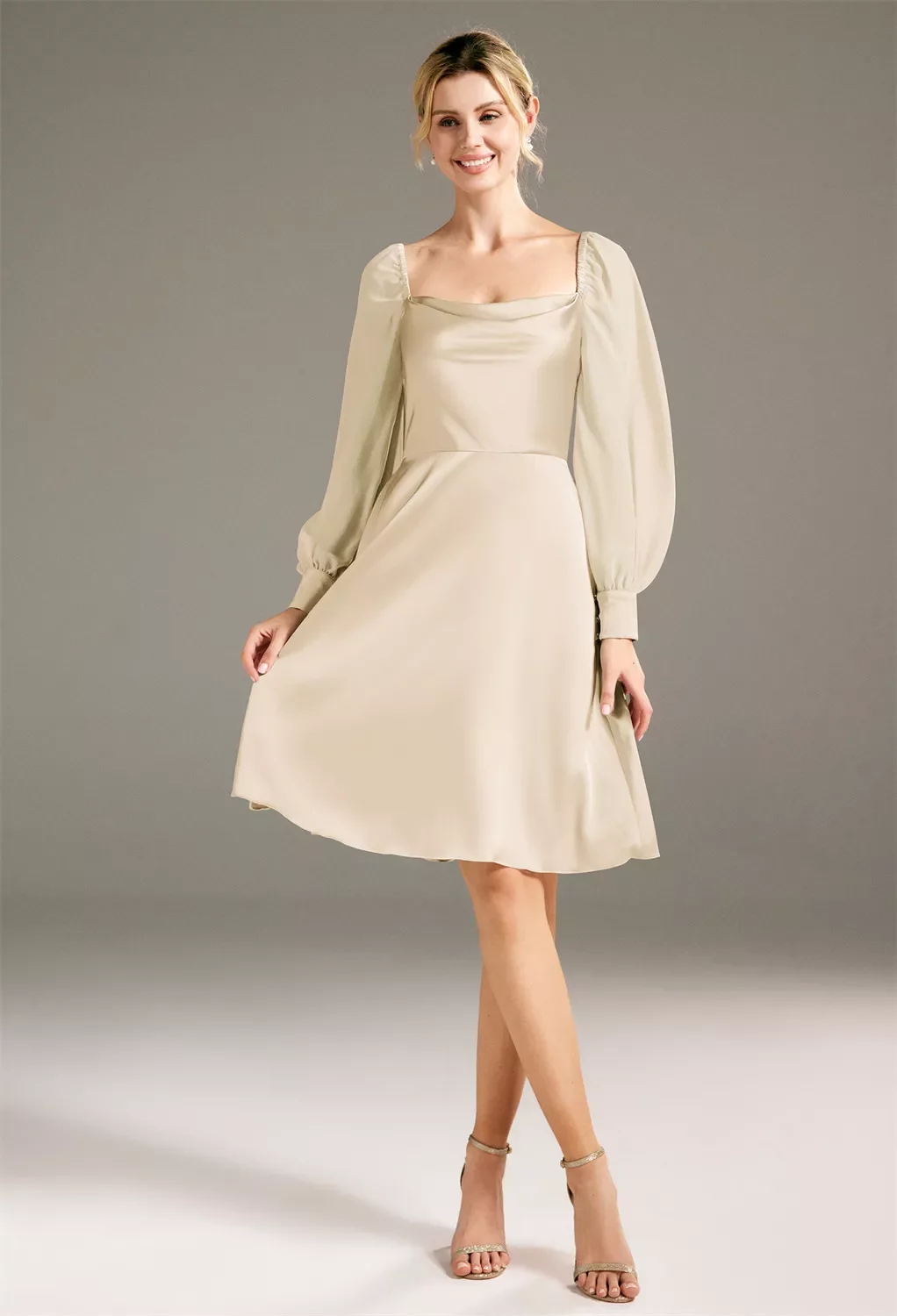 knee length dresses canada AW Jules Dress, Champagne Chiffon Satin Charmeuse Square Neckline Bridesmaid Fehrnvi
