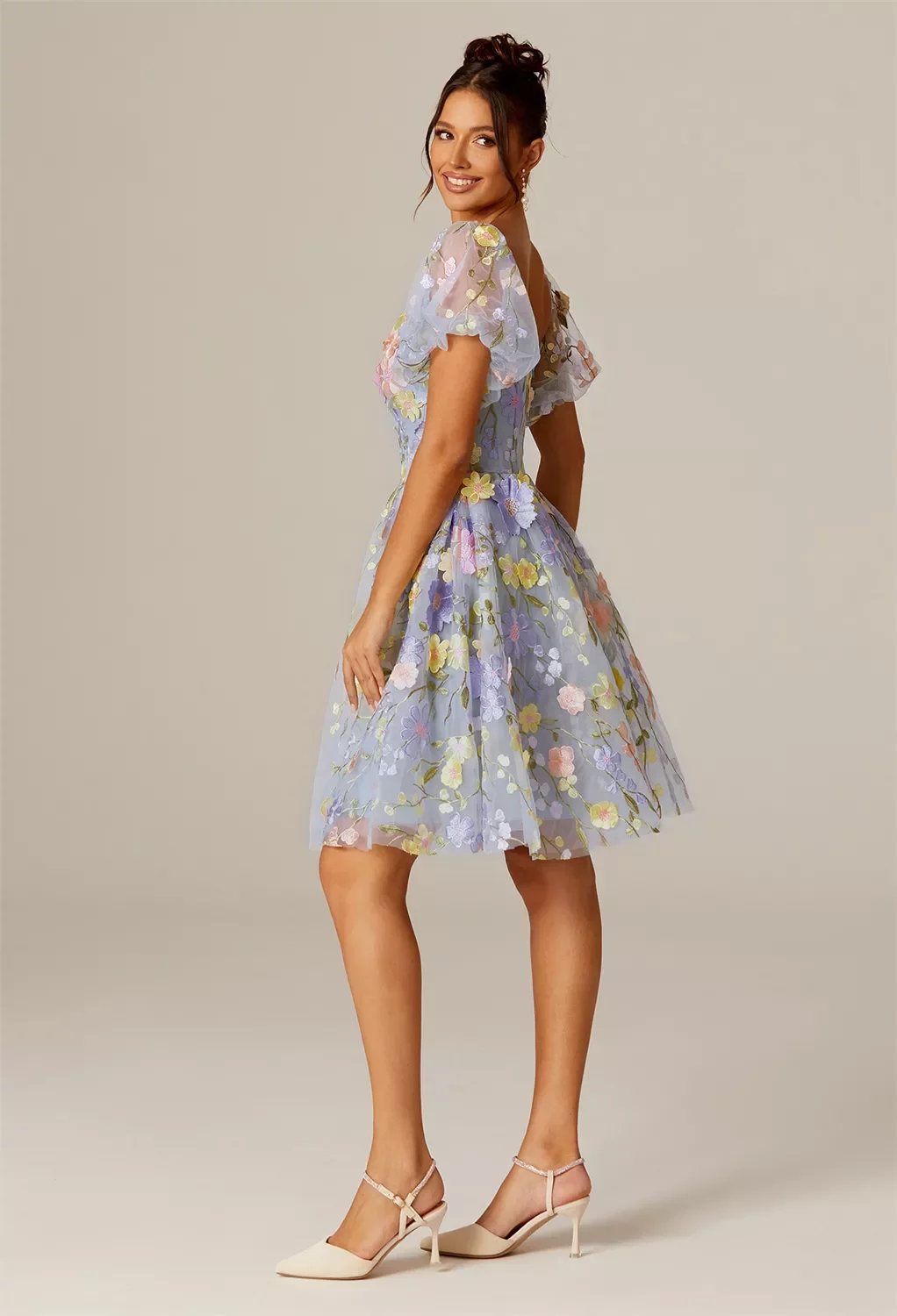 AW Cecilia Dress, Sky Blue Tulle Knee Length Sweetheart Neckline