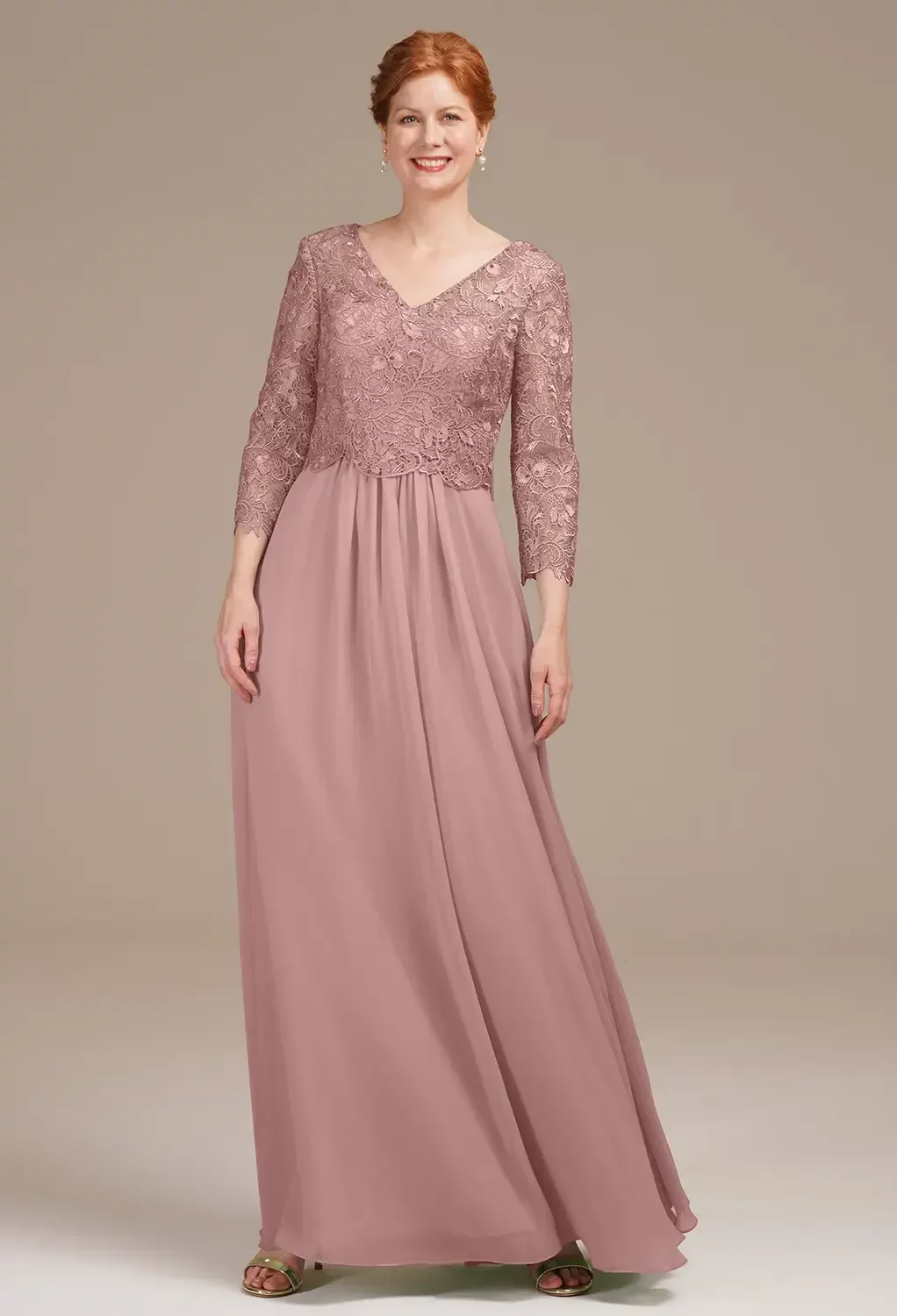 slim fit dress slacks A Line V Neck Chiffon Lace Appliques Long Sleeves Mother of the Bride/ –  VOS LEE main image 0