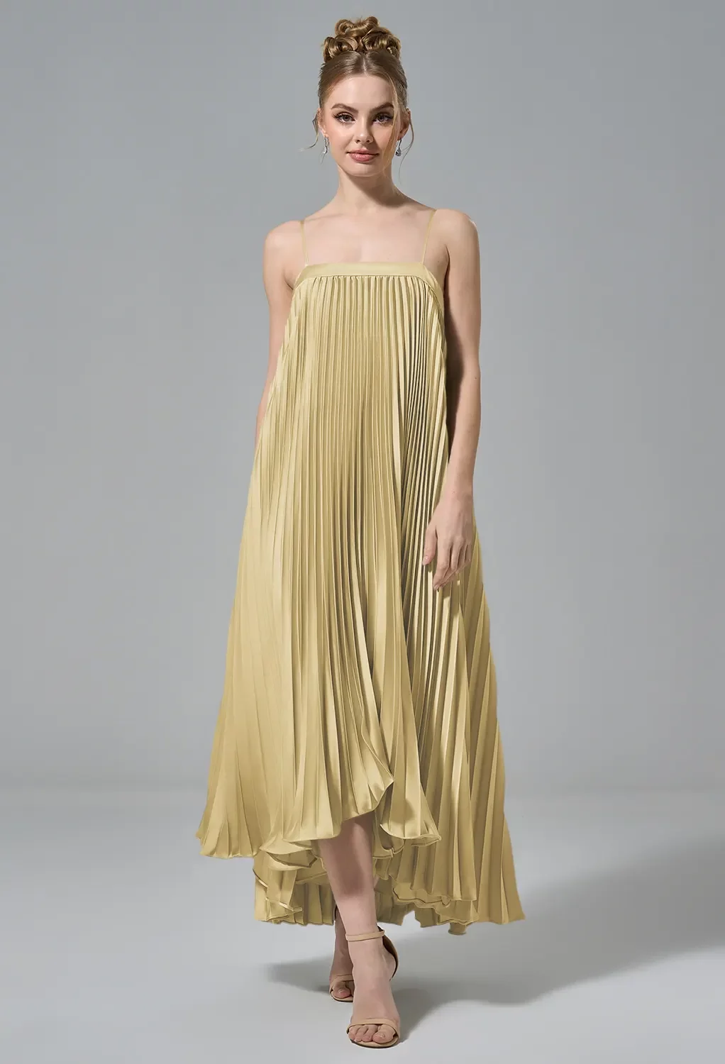 gold dress canada AW Daria Dress, Sand Crystal Satin Satin Charmeuse Stretch Satin Tea Length Straight Neckline Bridesmaid Dresses RQ8247