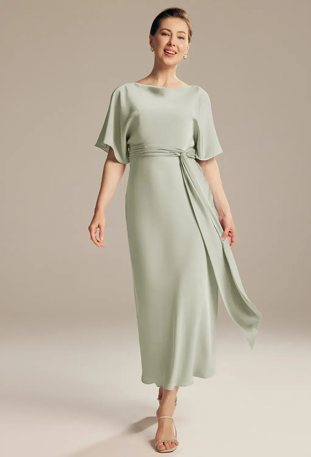 plus sage green mother of the bride dress Dusty Sage Green Mother Of Bride Dress A-Line Appliques 3/4 Sleeves V-Neck Tea-Length Chiffon Mother Of The Bride Dress main image 1