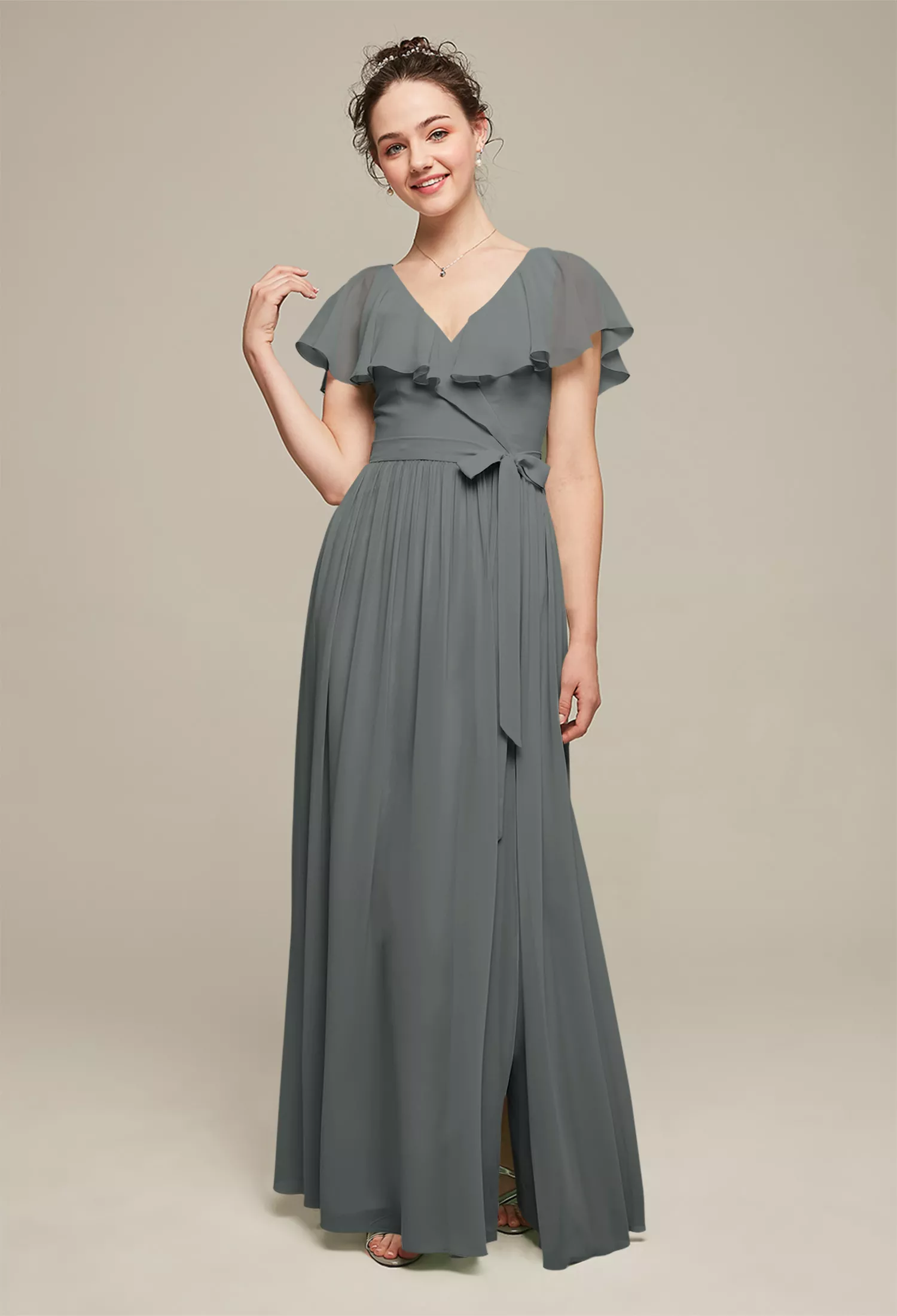 AW Bethany Steel Gray  Long Bridesmaid Dresses