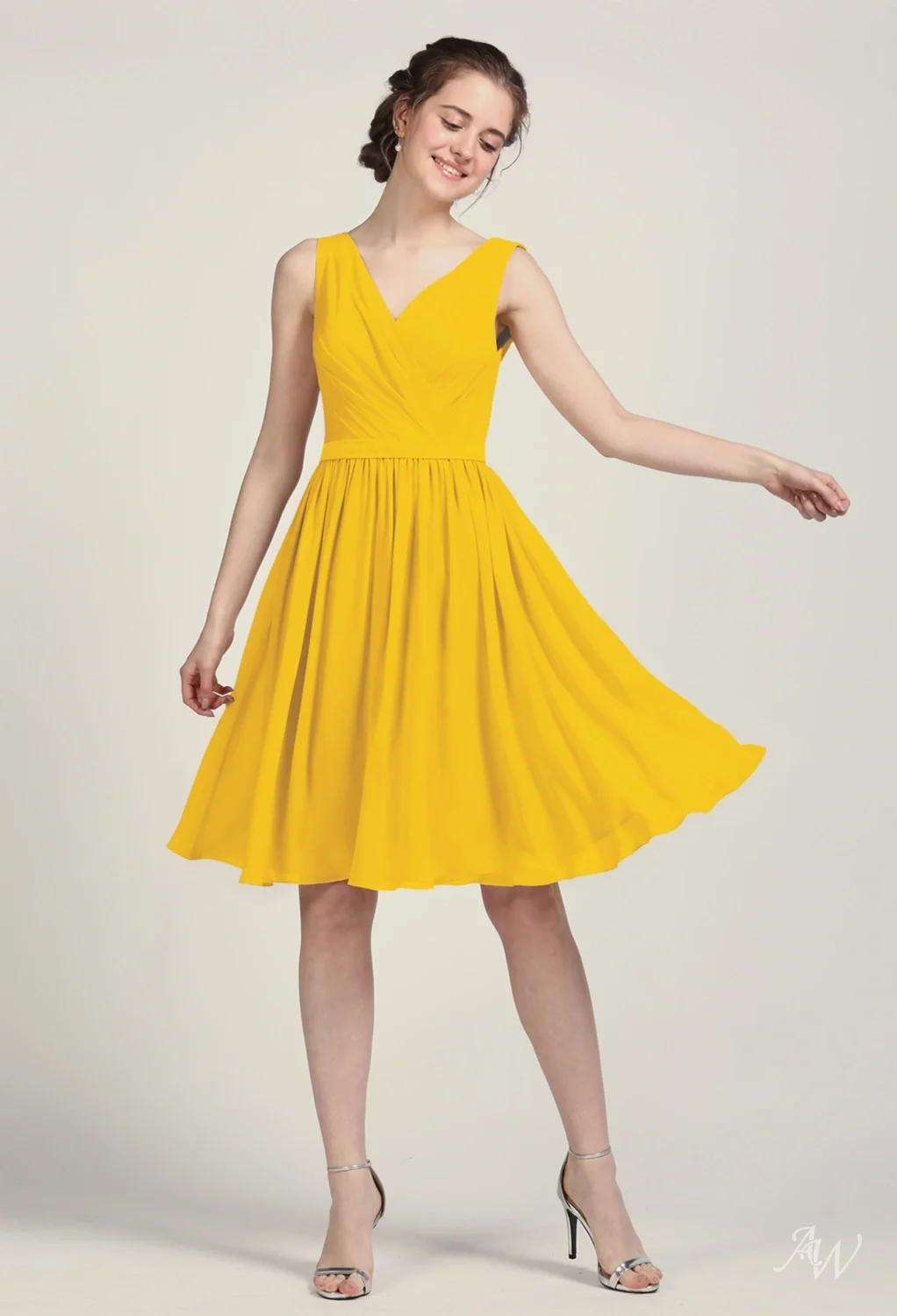 AW.Bridal A-Line V-Neck Knee Length Sleeveless Pleat Short Bridesmaid Dresses Dress Mustard Yellow Size 8