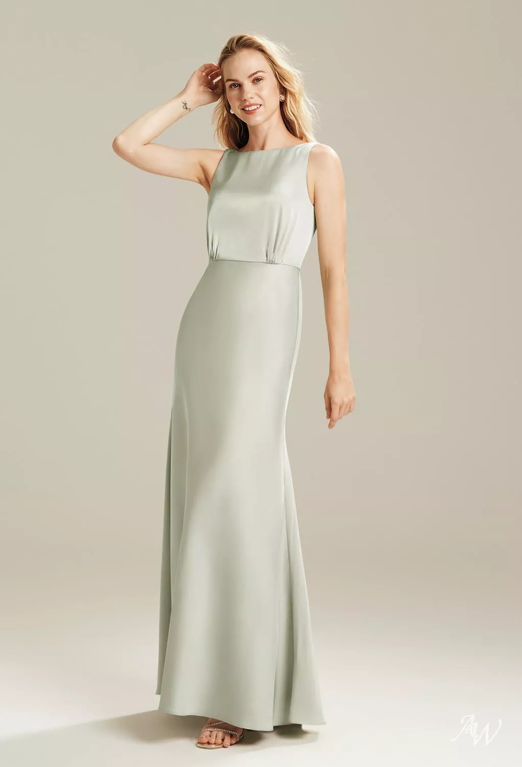 AW Giselle Dress, Sage Garden Party Crystal Satin Satin Charmeuse Stretch  Satin Floor Length Bateau Neckline Bridesmaid Dresses | AW.Bridal Canada