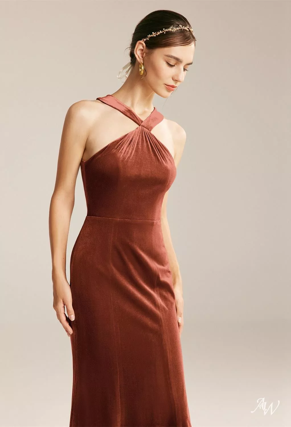 AW.Bridal Mermaid Halter Neckline Floor Length Sleeveless Crisscross Back Long Bridesmaid Dresses Dress Burnt Orange Size 18