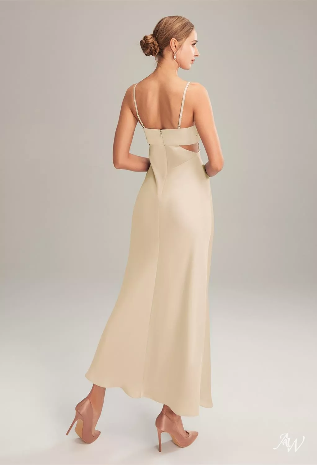 AW Odele Dress, Taupe Satin Charmeuse Ankle Length Cowl Neckline Bridesmaid  Dresses | AW.Bridal Canada