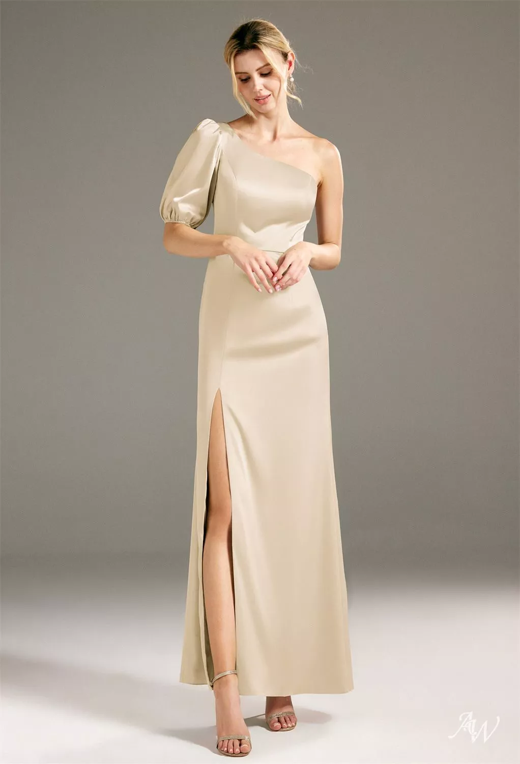 AW Deane Dress, Fennel Seed Satin Charmeuse Floor Length One Shoulder  Bridesmaid Dresses | AW.Bridal Canada