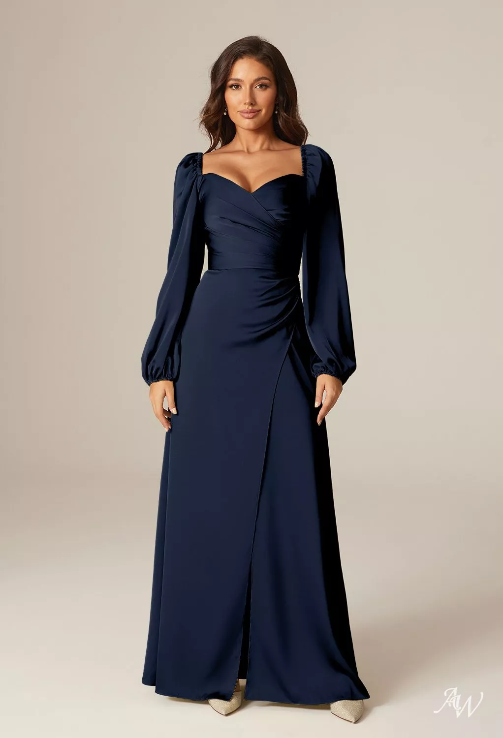 navy blue bridesmaid dress with sleeves Dark Navy Mother Of The Bride Dresses V-Neck Ruched 3/4 Sleeves Long Mother Of The Bride Dress main image 1