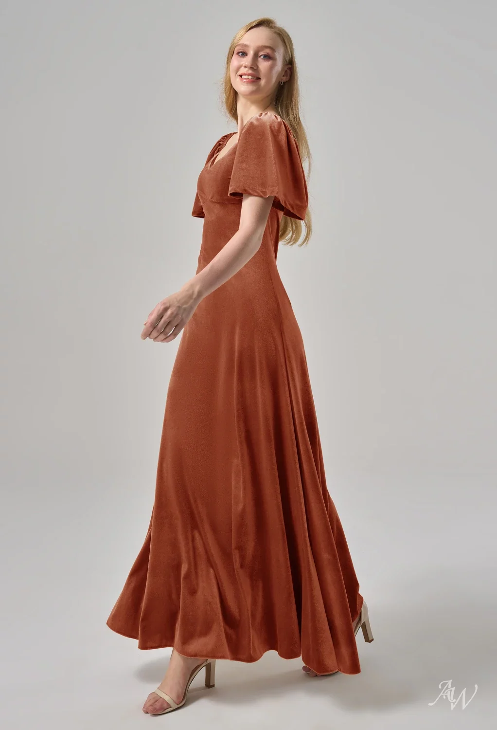 AW.Bridal A-Line V-Neck Ankle Length Short Sleeves Velvet Long Bridesmaid Dresses Burnt Orange Size 8