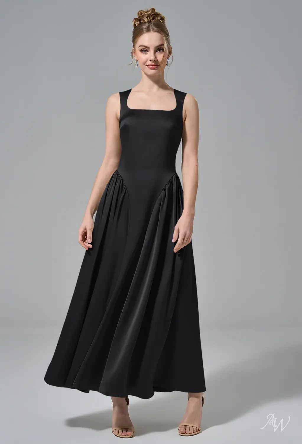 AW.Bridal A-Line Scoop/U-Neck Tea Length Sleeveless Satin Drop Waist Wedding Guest Dresses Dress Black Metallic Size 8