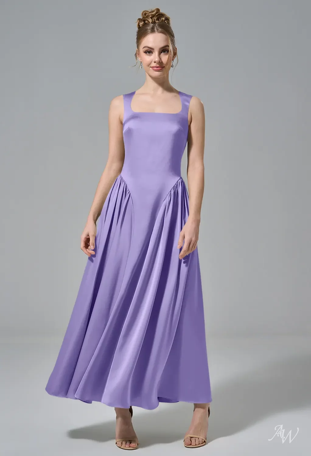 AW Ruby Dress, Champagne Crystal Satin Satin Charmeuse Stretch Satin Tea  Length Scoop/U-Neck Bridesmaid Dresses | AW.Bridal Canada