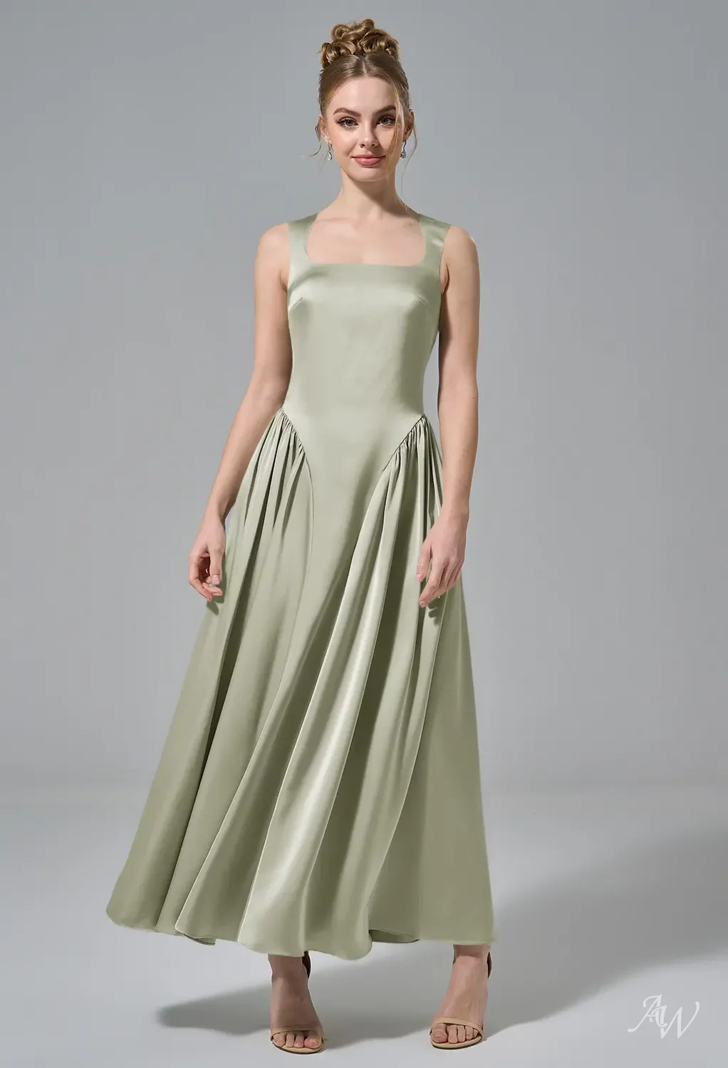 AW Ruby Dress, Champagne Crystal Satin Satin Charmeuse Stretch Satin Tea  Length Scoop/U-Neck Bridesmaid Dresses | AW.Bridal Canada