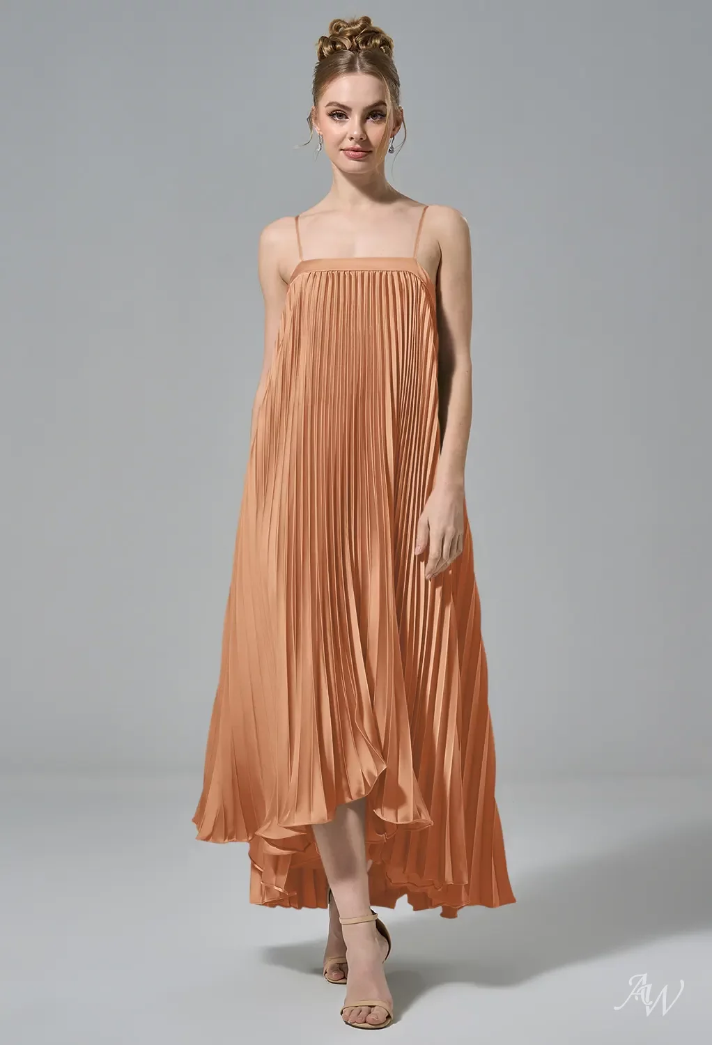 AW Daria Dress, Sand Gold Crystal Satin Satin Charmeuse Stretch Satin Tea  Length Straight Neckline Bridesmaid Dresses | AW.Bridal Canada