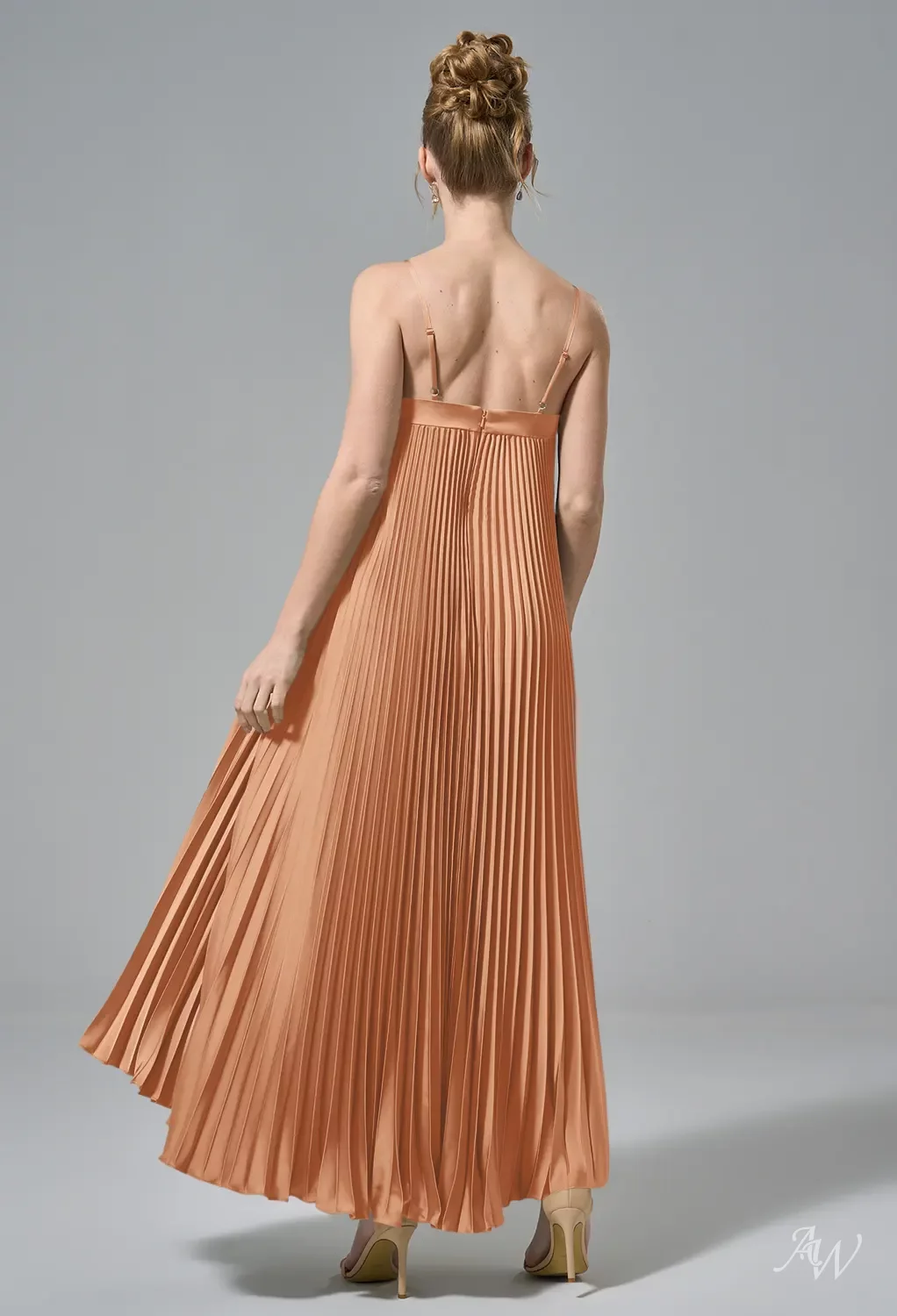 AW Daria Dress, Sand Gold Crystal Satin Satin Charmeuse Stretch Satin Tea  Length Straight Neckline Bridesmaid Dresses | AW.Bridal Canada