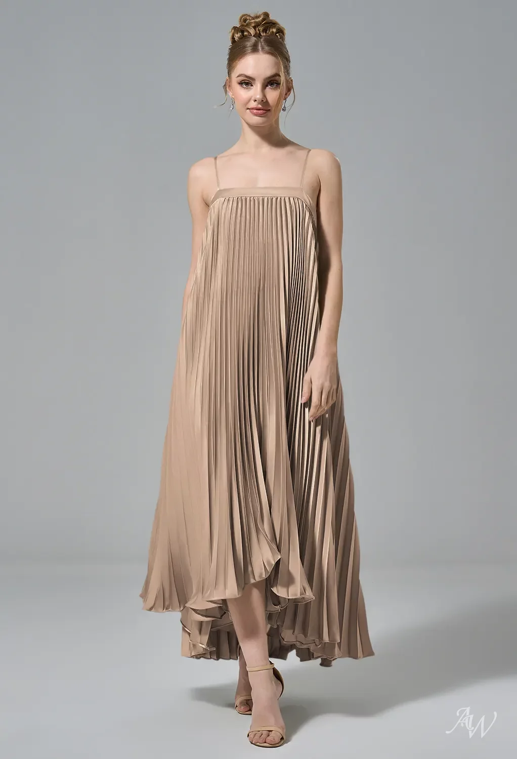 AW Daria Dress, Sand Gold Crystal Satin Satin Charmeuse Stretch Satin Tea  Length Straight Neckline Bridesmaid Dresses | AW.Bridal Canada