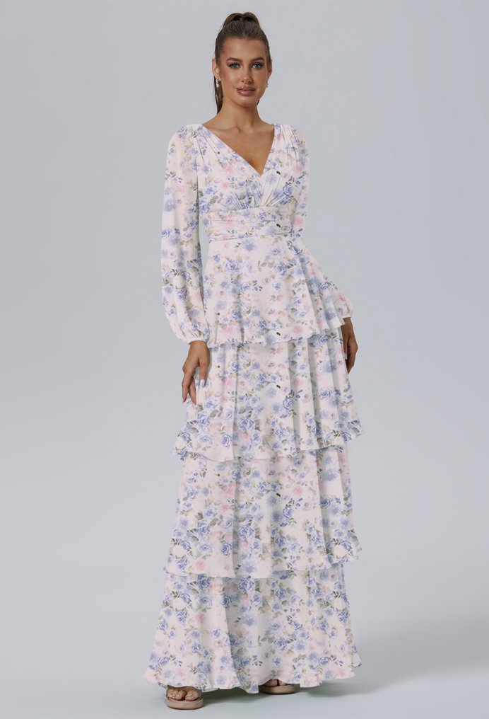AW Tegan Azure Purple Print  Long Bridesmaid Dresses