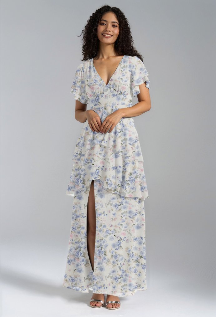 AW Tiffany Azure Purple Print  Long Bridesmaid Dresses