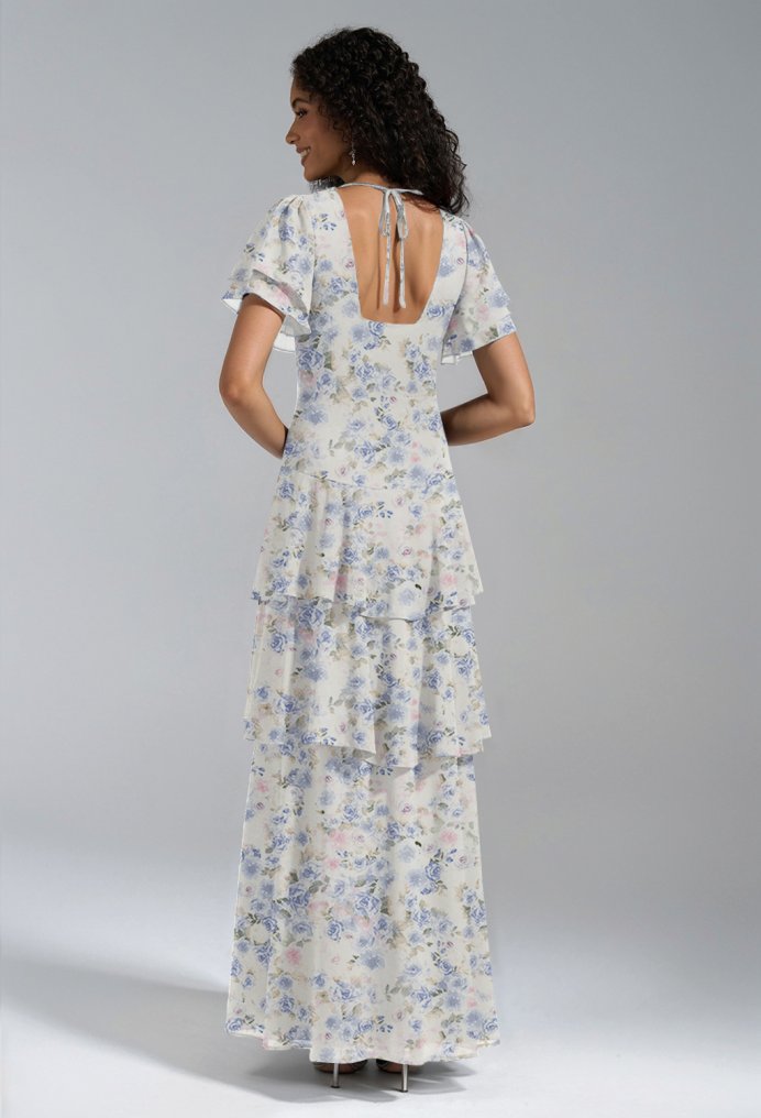 AW Tiffany Azure Purple Print  Long Bridesmaid Dresses
