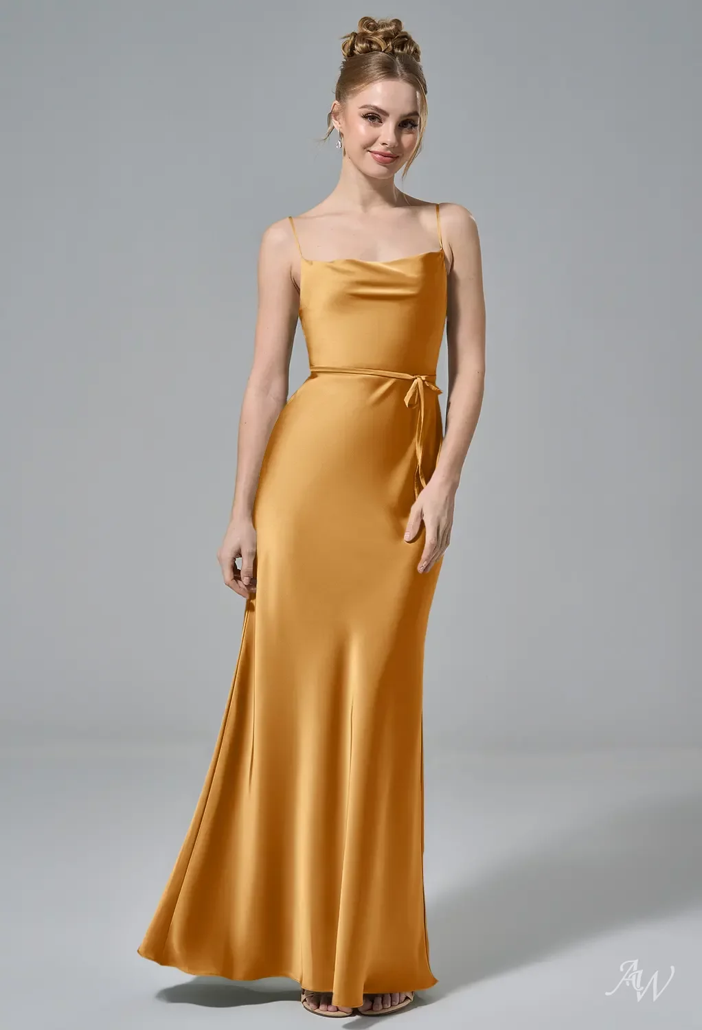 stretch charmeuse sleeveless cowl bridesmaid dress Silver Side Slits Column Charmeuse Spaghetti Straps Bridesmaid Dress main image 1